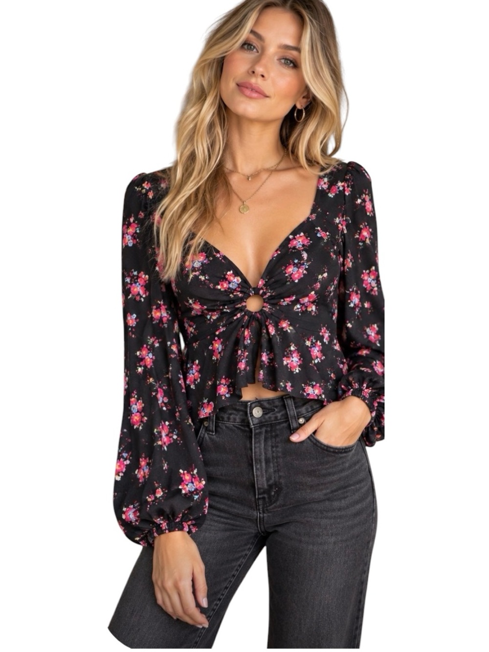 AFRM Floral Plunge Cut Out Top Balloon Sleeves Floral Print Size Medium Black